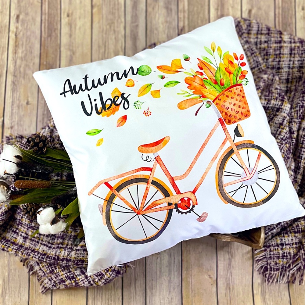 Fall Pillow Cover Accent Home Decor Autumn Vibes Vintage Bike 18x18 cozy fun